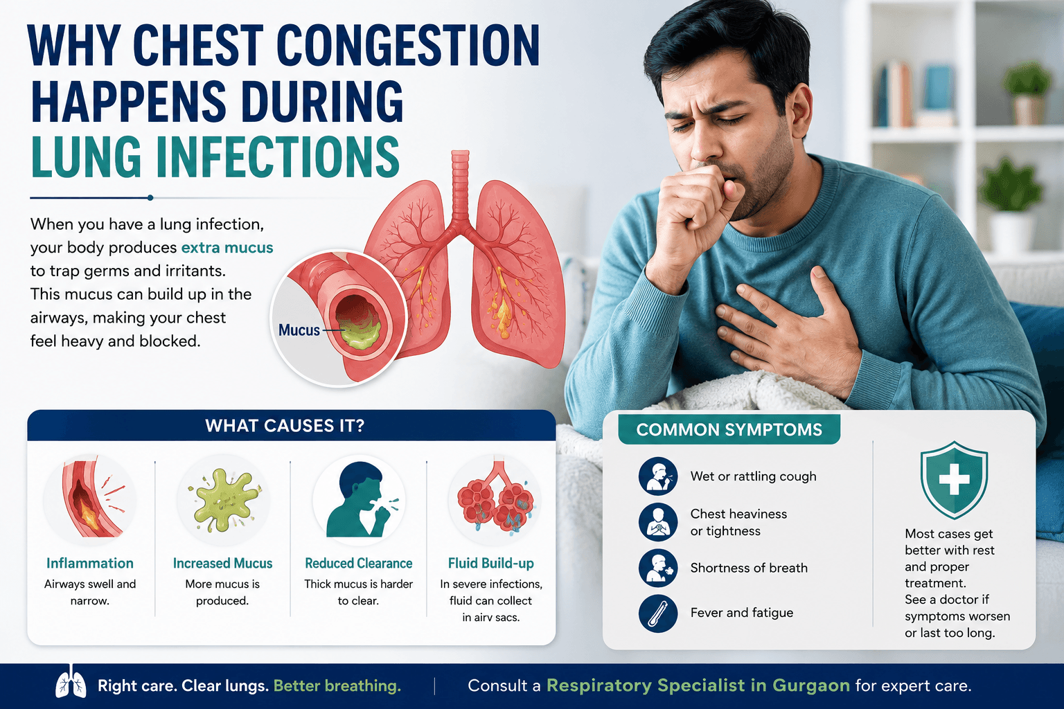 Chest congestion during lung infections caused by inflammation, excess mucus, reduced airway clearance, and fluid buildup.